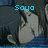 Anime-style character with dark hair and blue clothing, shown in three views with text labels above and below.