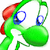 Green cartoon character with red headband and blue eyes, holding green circular object; pink heart appears above right side in second frame.