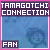 Pixelated graphic with 'TAMAGOTCHI CONNECTION' text above blue background and 'FAN' label in bottom-left corner.