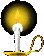 Pixelated candle icon with yellow flame, black circular glow, and golden looped base on gray background.