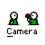 Pixel art character in green shirt with multiple expressions and poses, including camera-wielding, pause symbols, and hand gestures over mouth.