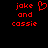 Red pixelated text 'joke and cassie' on black background with a red heart symbol above 'joke' on the left side.