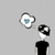 A black-shirted figure with a white face and black-and-white hair holds a white cloud-shaped object with a blue heart, positioned against a gray background.