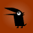 Pixelated black bird-like creature with single large eye, outstretched wing, and tail on solid orange background.