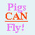 Pixelated animated icon showing two flying pigs with text "Pigs CAN Fly!" on a light blue background.
