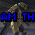 Pixelated character in beige armor with red eyes and a large weapon, displayed across four with changing blue text overlays