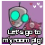 Pixelated robot with teal eyes and red cheeks holds a pink cat-like creature against purple background, text reads "Let's go to my room pg!" with animated heart variations.