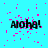 Cyan background with scattered pink pixels and black text reading "Aloha!" in five positions, with one gray rectangle in the bottom right corner.