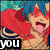 Pixelated anime-style character with blue hair and red clothing, tongue out in a playful expression across four