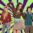Green background with purple text listing names and "BFFS" above a group of four people in casual clothing against a purple and green striped backdrop.
