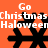 Orange background with four black snowflake-like shapes and overlaid white text reading "Go Christmas Halloween" in pixelated font.