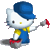 Pixelated Hello Kitty character in blue overalls and cap holding a paintbrush with red paint, shown in two animation frames side-by-side on gray background.