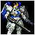 Pixelated robot in silver armor with blue accents, holding a long sword across its body, head turned left to right.