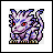 Pixel art dragon icon with four animation frames showing eye color changes from red to closed and back, purple-blue body on white background.