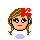 Pixel art of a girl with brown hair, red flower accessory, blue eyes, and pink lips; four expressions including neutral, sad, crying, and teary-eyed.
