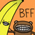 Pixelated image of a yellow banana with eyes holding a brown creature wearing a checkered mask, set against an orange background with "BFF" text.