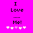 Pixelated text "I Love Me!" with five hearts on a bright pink background, showing animation where the third heart changes color.