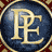Animated sequence of a circular blue emblem with 'PE' monogram, transitioning between sunburst and compass designs on red-and-gold backgrounds.