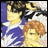 A 48x48 pixel buddy icon featuring two anime-style characters on the left and text elements on a black background to the right, presented as part of an animated contact sheet with two visible frames.