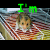 A pixelated image of a small rodent with light brown fur and dark eyes, positioned in front of a blurred background with red and white stripes.