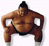 A sumo wrestler in a crouched pose with hands on hips, next to the text "Too Sexy For Words" arranged across two