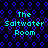 Pixelated cyan text "The Saltwater Room" repeats across a black background with blue circular patterns.