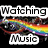 Static pixel art icon with 'Watching' and 'Music' text above and below a rainbow-colored horizontal band on black background.