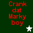 Red pixelated text "Crank dat Marky boy" on dark green background with white and gray star icons changing position.