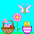 Pixel art Easter-themed icon with basket, flower, chick, and butterfly on blue background.