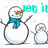 Two snowmen with blue scarves and brown carrot noses stand side-by-side, one large and one small, with pixelated text above them.