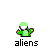 Animated sequence of green alien figures with white helmets, each labeled 'aliens', showing progressive destruction and disintegration into orange pixel clusters against a gray background.