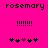 Pixelated text 'rosemary' appears above exclamation marks and heart symbols on a bright pink background.