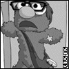 Pixelated grayscale cartoon character with large nose, glasses, and star on sleeve stands against vertical lines.