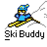 Pixel art animation of a blue-clad character skiing down a snowy slope with ski poles, displayed in an 8-frame contact sheet layout.