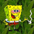 Two side-by-side frames of a pixelated yellow cartoon character with green hair, blue eyes, red tie, white shirt, brown shorts, and black shoes standing on grass background with smoke trails from hands.