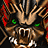 Pixelated creature with brown and black fur, green eyes, sharp white teeth, red accents on sides, and a dark background.