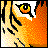 Pixelated orange and yellow cat-like creature with large eye, black whiskers, and flame-like tail against white background.