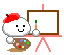 A cartoon character with a red beret and white body paints on an easel, starting from blank canvas to completed landscape with rainbow.