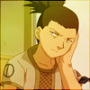 Pixelated anime-style character with brown hair in a high ponytail, resting head on right hand, wearing light-colored shirt with dark collar and circular emblem on sleeve.
