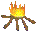 Pixelated campfire with orange-yellow flames atop brown branches, rendered in low-resolution 8-bit style against gray background.