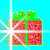 Two pixelated gift boxes with green bows on a bright blue background, each wrapped in red paper with multicolored dots and white diagonal stripes.