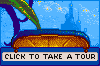 Pixel art scene with a blue sky, castle silhouette, tree branch, and golden bench under 'CLICK TO TAKE A TOUR' text.