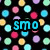Colorful polka-dot background with scattered text fragments in various colors and fonts.