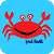 Red pixelated crab with large eyes and a wide black smile on light blue background, below which is partially visible dark blue text.