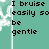 Static pixel art icon with teal background and black text reading "I bruise easily so be gentle" alongside a white floral pattern on the left side.