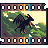 Pixel art of a dark figure with long hair leaping over green foliage against a pale yellow sky, framed by a film strip border.