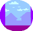 Animated sequence of a yellow bird with red beak and black eyes interacting with light blue envelope against purple mountains and sky background.