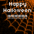 Pixelated orange web pattern background with white text reading "Happy Halloween !!!!!!!!!" in three