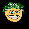 Pixelated yellow face with green spiky hair, blue eyes, and red tongue in various expressions including smiling, winking, and sticking out tongue.