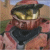 Animated sequence showing a character in red attire with dark scarf and gold goggles, transitioning from front-facing to side profile against blue background.